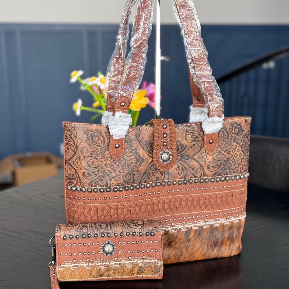 Trinity Ranch Hair on Hide Handbag and Wallet Brown